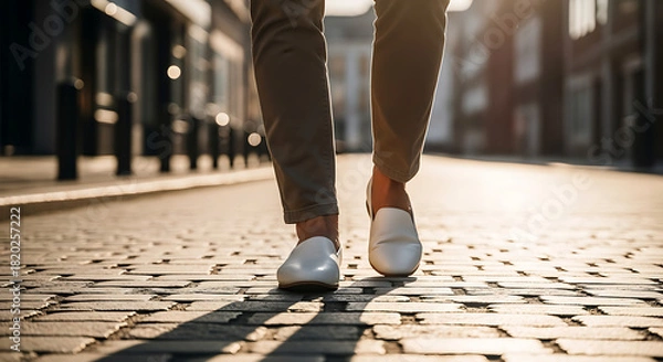 Obraz Walking feet on cobblestone street in sunlight