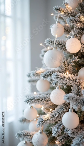Fototapeta Flocked white tree with elegant white baubles and warm glowing lights, creating a cozy winter holiday ambiance