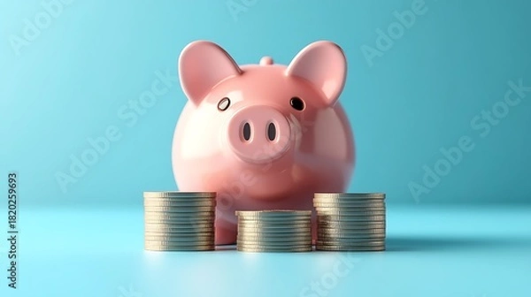 Fototapeta A pink piggy bank with stacks of coins on a light blue background in a studio setting for finance