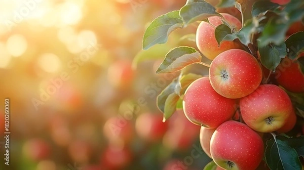 Fototapeta Close up of ripe apples on a tree branch with sunlight shining through the leaves in an orchard view