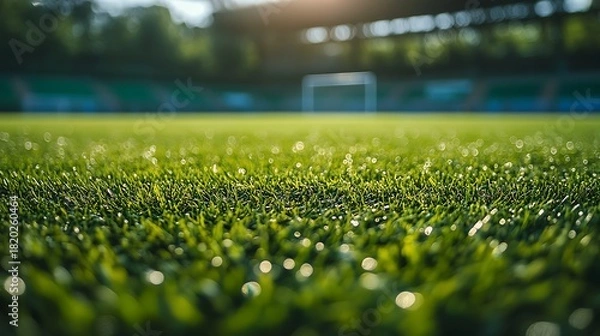 Fototapeta A close up view of a lush green grass field with a soccer goal in the blurred background at daytime