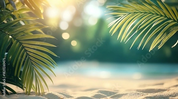 Fototapeta View of tropical beach with palm fronds framing the scene and a blurred background of ocean and trees