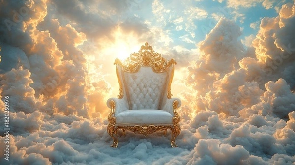 Fototapeta A gilded throne sits atop fluffy clouds bathed in sunlight against a blue and cloudy sky backdrop