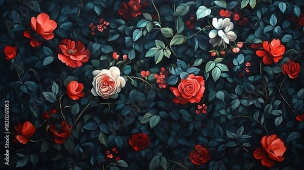 Fototapeta A floral arrangement with red and white roses and green leaves on a dark background in a painted style