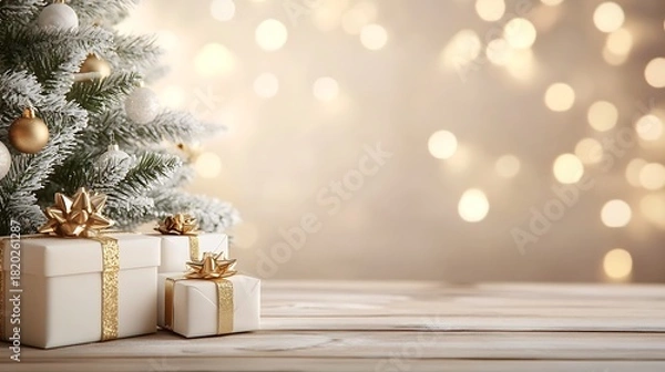 Fototapeta A christmas tree with gifts and bokeh lights in the background creating a festive atmosphere scene