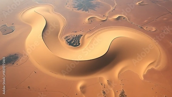 Fototapeta A stunning aerial view from space of a massive, sinuous sand dune resembling a slug, dramatically cutting through a textured floodplain landscape.