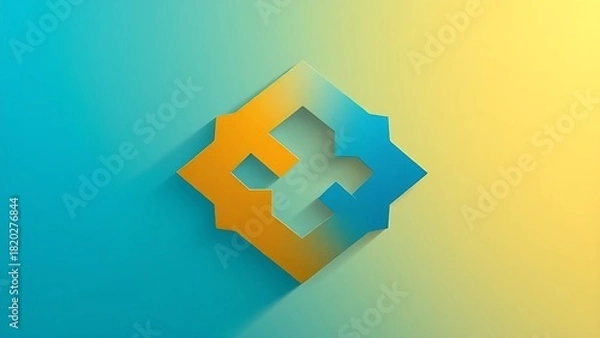 Fototapeta An abstract teamwork concept with interlocking geometric shapes in blue and gold, set against a clean gradient background.