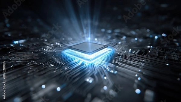 Obraz A computer chip is lit up in a blue light