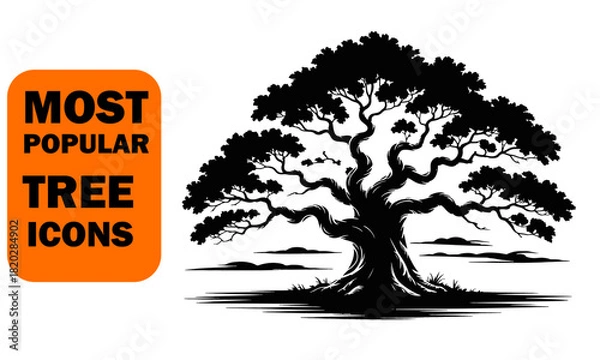 Obraz Ancient oak tree silhouette illustration with twisted branches and roots isolated on gradient background for graphic design.jpg