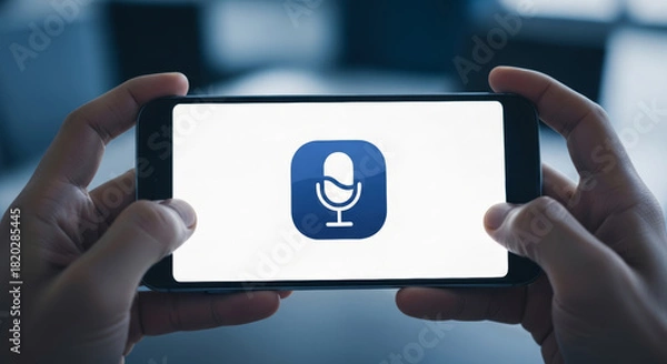Fototapeta Hands holding smartphone with voice activated ai search app. Using microphone icon for smart command and online assistance