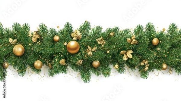 Fototapeta Seamless decorative christmas border with coniferous branches and garlands of christmas lights on transparent background with border, glow, sparkle