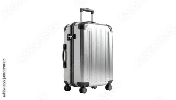 Fototapeta A sleek, modern, silver rolling suitcase isolated on a black background