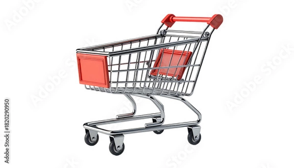 Fototapeta A red-accented chrome shopping cart isolated against a black background