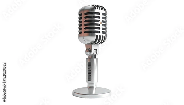 Fototapeta A chrome-colored, vintage microphone stands out against a plain black background