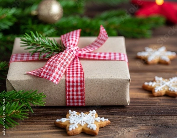Fototapeta holiday featuring gifts, gingerbread cookies, ornaments, pine branches and ribbons, capturing a warm seasonal mood and the spirit of Christmas and New Year