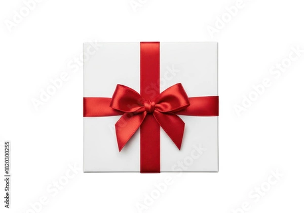 Obraz White gift box with red ribbon bow isolated on transparent background