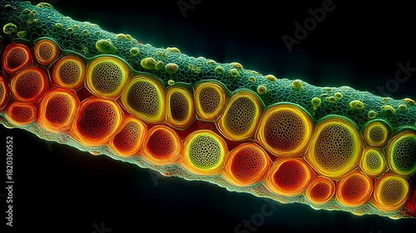 Fototapeta A tubular cellular composition revealing segmented chambers that represent micro level structure, biological organization and the layered design of living matter.
