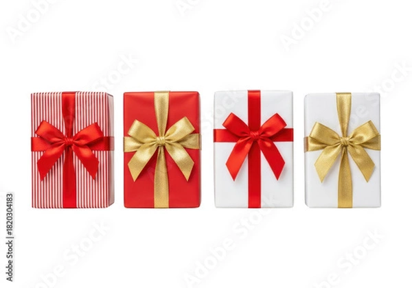 Obraz Four assorted gift boxes with ribbons isolated on transparent background
