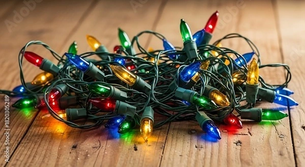 Fototapeta A tangled cluster of colorful incandescent christmas lights on a rustic wooden surface