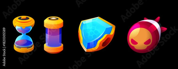 Fototapeta 卡通科幻游戏UI 3D精致技能图标