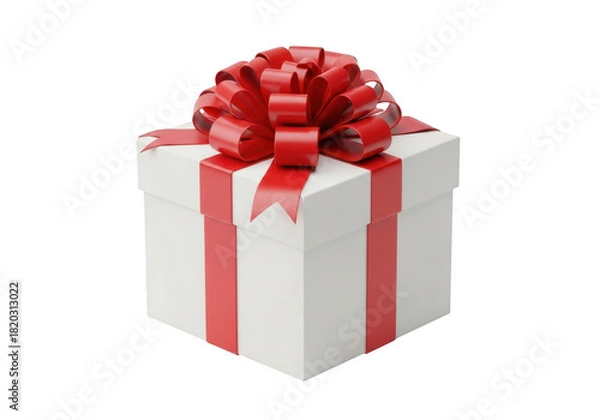 Obraz White gift box with red ribbon and bow, isolated on transparent background