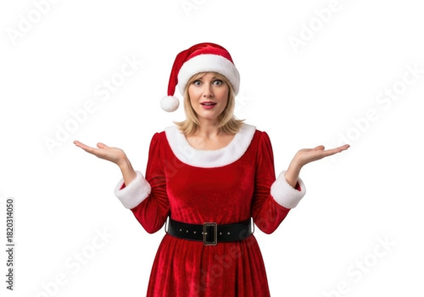 Obraz Woman in santa costume with outstretched arms isolated on transparent background