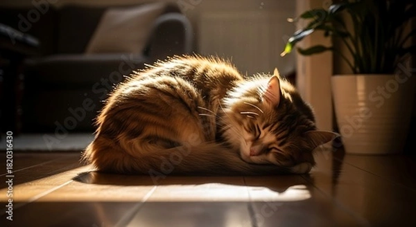 Obraz A fluffy cat with bright green eyes in a close-up portrait, soft background blur.
