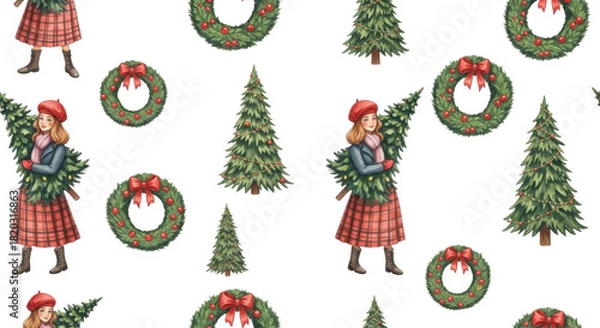 Obraz Christmas girls carrying trees and wreaths isolated on transparent background