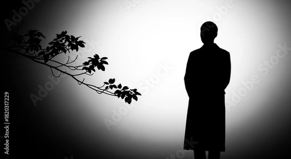 Obraz Contemplative Silhouette: Man in Spotlight with Tree Branch Against Dark Background, Black and White Conceptual Art