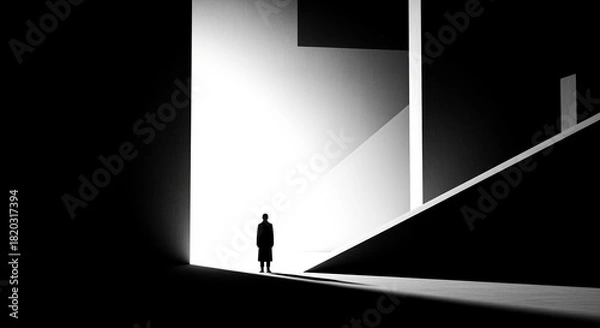 Obraz Solitary Silhouette in Stark Geometric Architecture: High Contrast Black and White Abstract Corridor of Light and Shadow