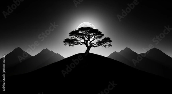 Obraz Stark Black and White Landscape: Lone Tree Silhouetted on a Hill Against a Bright Full Moon and Mountain Horizon