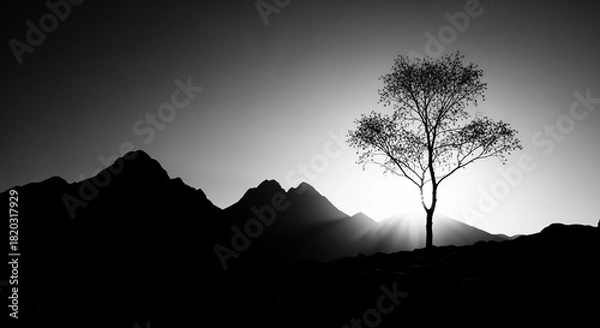 Obraz Dramatic Black and White Silhouette of a Solitary Tree and Mountain Range at Sunrise or Sunset with Radiant Light Rays