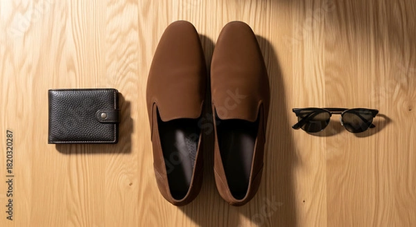 Obraz Brown suede loafers black wallet and sunglasses still life
