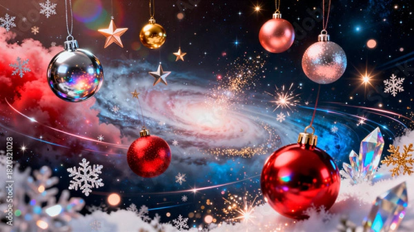 Fototapeta Winter cosmic background with a Christmas balls and universe, horizontal banner, copy space, free space for text	