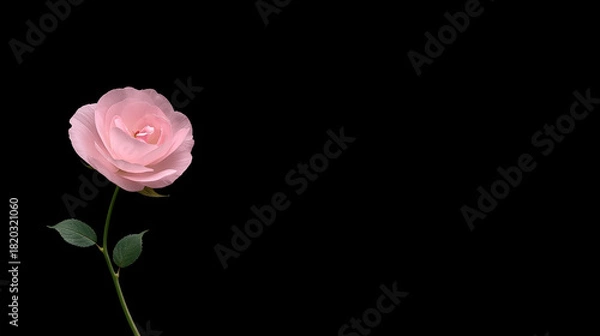 Fototapeta pink rose isolated on black horizontal background, free space for text and copy