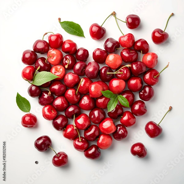 Fototapeta red cherries in heart shape on white background, Valentine's Day, summer berries,  cherry heart, heart from cherry