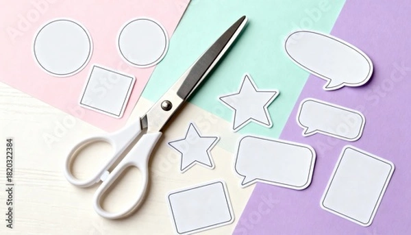 Fototapeta sticker sheet mockup flat on desk with scissors, multiple blank sticker shapes, pastel backdrop, creative flatlay photo