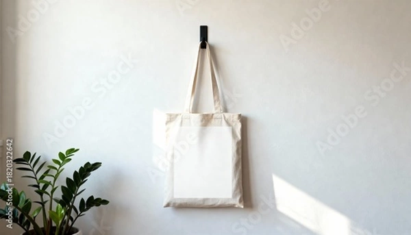 Fototapeta tote bag mockup hanging on hook against painted wall, front blank area, lifestyle retail presentation