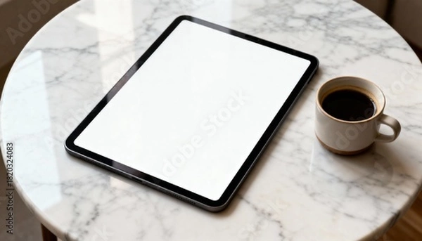 Obraz tablet mockup on marble tabletop, top down angle, blank screen for portfolio