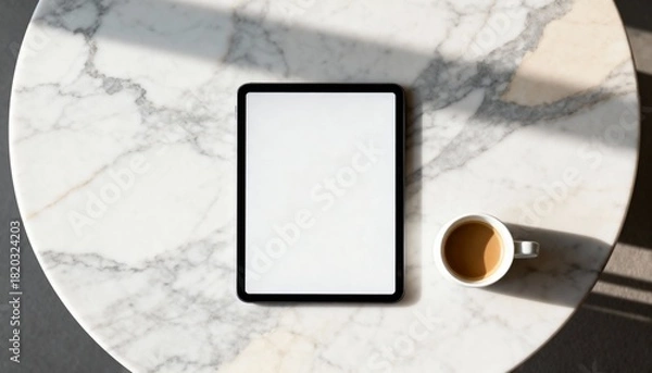 Obraz tablet mockup on marble tabletop, top down angle, blank screen for portfolio