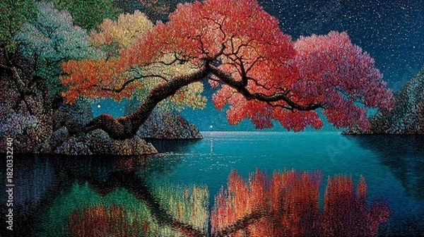 Fototapeta Majestic Tree Reflection on Serene Water Under Starry Night Sky