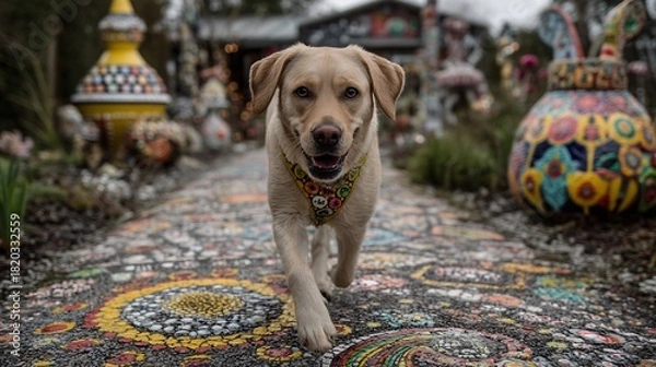 Fototapeta Playful Labrador Retriever Walking Through Colorful Garden Pathway