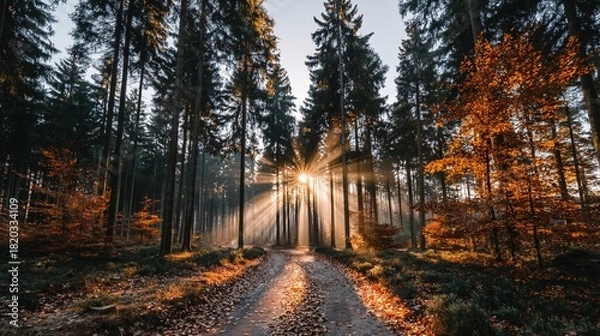 Fototapeta Serene Forest Path with Sunlight Through Trees in Autumn Season