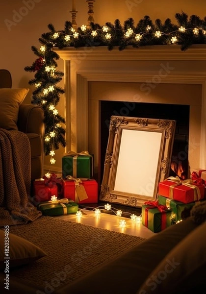 Fototapeta A cozy Christmas living room scene with a decorated fireplace, glowing lights, wrapped presents, and a blank picture frame.