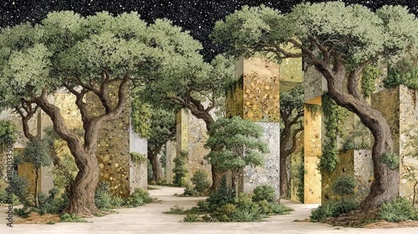 Fototapeta Surreal Forest Landscape with Trees and Abstract Structures at Night