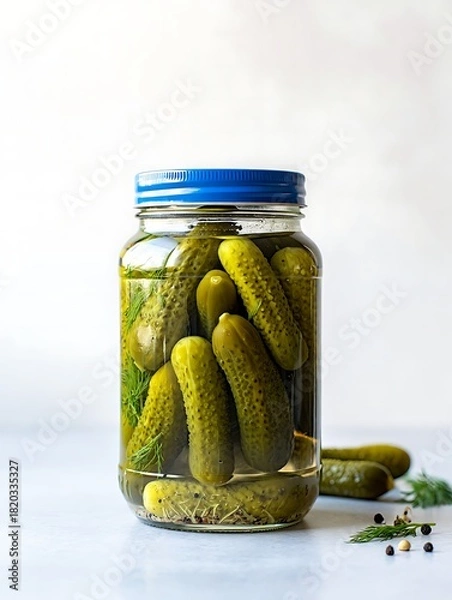 Fototapeta A glass jar filled with dill pickles submerged in brine, sealed with a blue lid, sitting on a white surface with scattered dill sprigs and peppercorns.