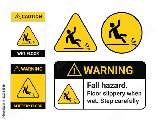 Obraz Wet Floor and Slippery Floor Warning Signs Set Caution Fall Hazard Symbol Safety Icon Collection
