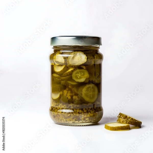 Fototapeta A glass jar filled with sliced pickled cucumbers in brine with spices, isolated on a clean white background.