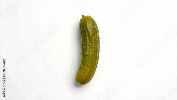 Obraz A single fresh gherkin with visible water droplets resting on a clean white background, showcasing its vibrant green color and texture.