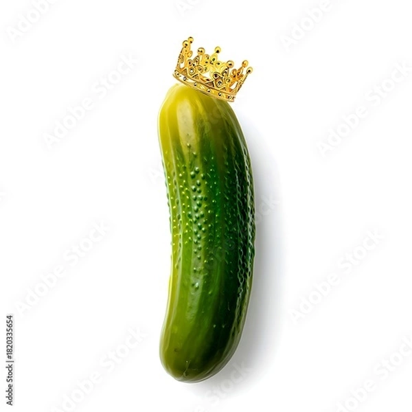 Fototapeta A fresh green cucumber stands upright, humorously wearing a small golden crown on a clean white background.